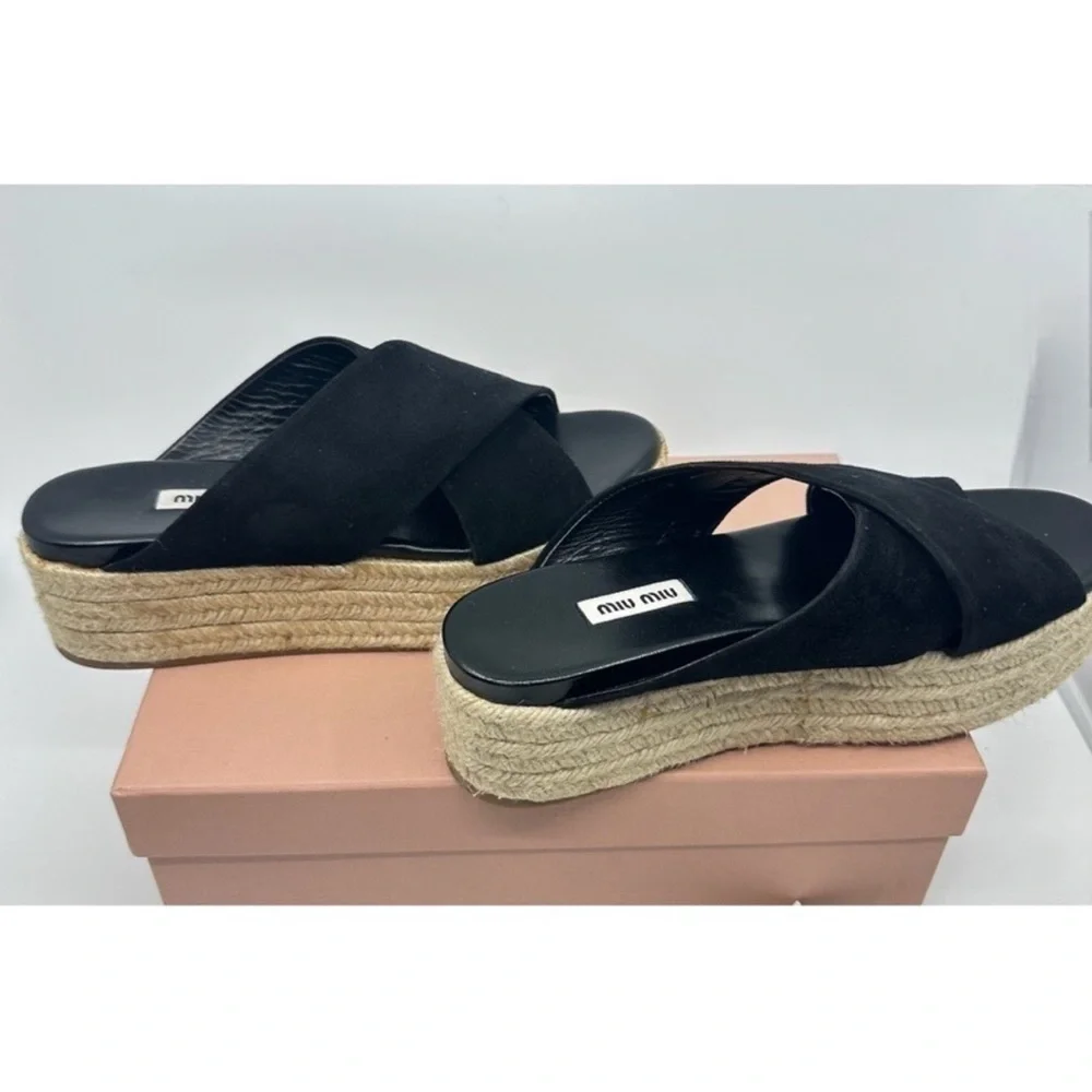 MIU MIU Suede Espadrille Platform Slip on Slides Sandals Black size 8 NEW